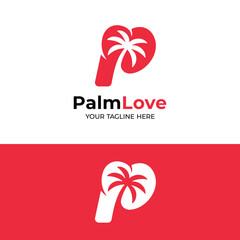 Letter Initial P with Palm Tree and Love for Coastal Beach Resort Tourism or Romantic Honeymoon Holiday in Modern Solid Style Logo Design Template