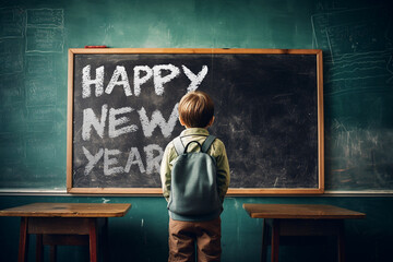 Child in front of Happy New Year Classroom Chalkboard. Back View. Copy Space.