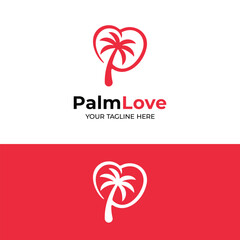 Letter Initial P with Palm Tree and Love for Coastal Beach Resort Tourism or Romantic Honeymoon Holiday in Modern Line Style Logo Design Template