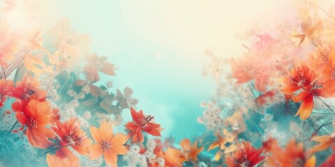 Fototapeta na wymiar Beautiful abstract coral, turquoise, and yellow misty morning photo floral design background banner. beautiful Generative AI AIG32