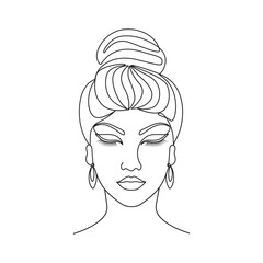Hair bun hairstyle eyelash eyebrow earring close eyes linear drawing. Minimalist women's faces outline feminine artwork.