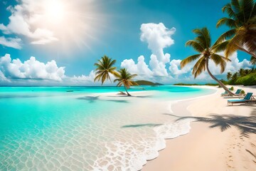 beach with coconut trees and blue sky with clouds