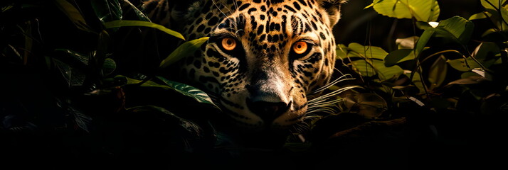 jaguar concealed amidst the dense foliage of the Amazon rainforest, carefully observing its prey from the shadows.