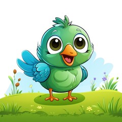Fototapeta premium A cartoon green bird standing in a field. Digital image.