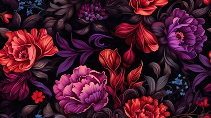 illustration of a seamless floral pattern where vibrant flowers contrast beautifully against a rich black background.