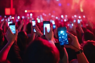 Fototapeta na wymiar Crowd at concert, hands with smartphones in front of bright stage lights