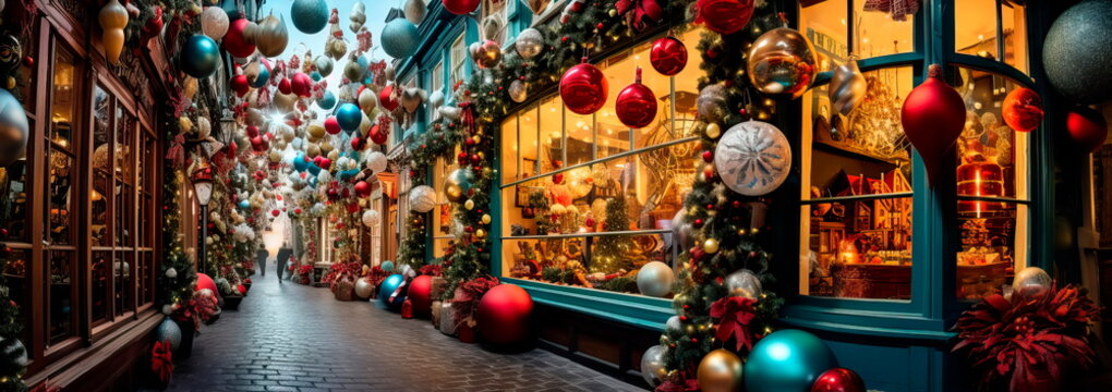 stores adorned with holiday decorations, combining the festive spirit with the shopping frenzy.