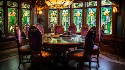 Interior design inspiration of Art Nouveau Vintage style home dining room loveliness decorated with Wood and Brass material and Stained Glass .Generative AI home interior design .