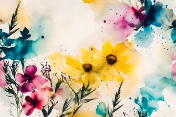 Abstract ink painting combined with field flowers on paper texture - floral grunge 