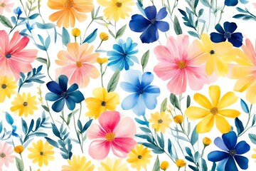 Fototapeta na wymiar watercolour floral pattern, delicate flowers, yellow, blue and pink flowers, cute colorful floral abstract print 