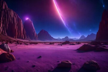 Cosmic background, alien planet deserted landscape with mountains, rocks, deep cleft and stars shine in space. Extraterrestrial computer game backdrop, parallax effect cartoon 