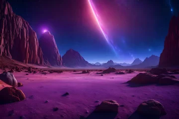 Photo sur Aluminium Violet Cosmic background, alien planet deserted landscape with mountains, rocks, deep cleft and stars shine in space. Extraterrestrial computer game backdrop, parallax effect cartoon 