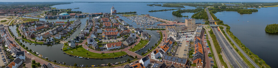 Panorama aerial view from the harbor and town Harderwijk with water bridge Aquaduct Veluwemeer...
