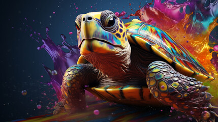 3D rendering of a turtle with a paint splash technique, set against a colorful background.