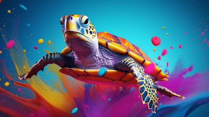 3D rendering of a turtle with a paint splash technique, set against a colorful background.