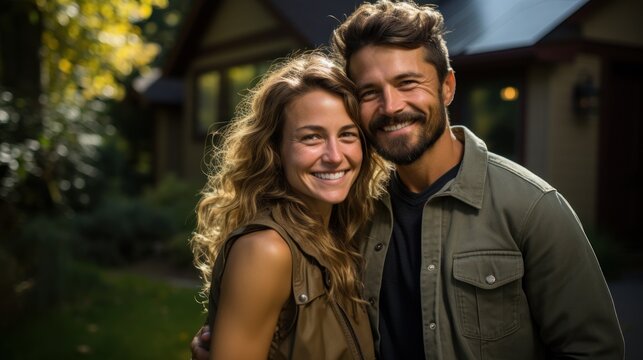 Happy Couple Posing In Front Of Their House With Solar Panels On The Roof