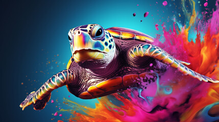  a vibrant 3D rendering of a turtle with a paint splash technique, set against a colorful background