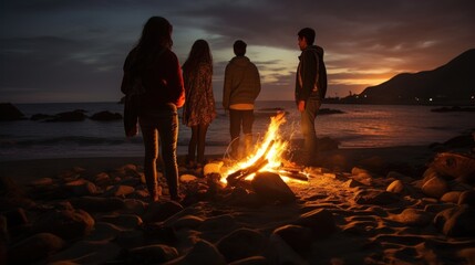 Group of friends standing by the campfire on the beach