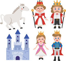 王族アイコン　カラー　城と白馬と王族一家