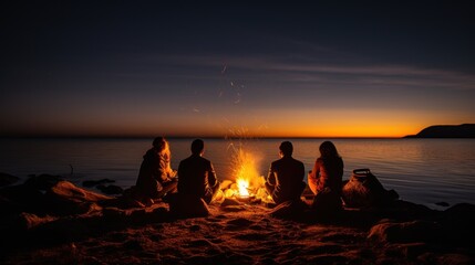 Group of friends standing by the campfire on the beach - obrazy, fototapety, plakaty