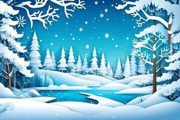 Illustration of Winter landscape with snow fall in forest. and place for your text space. paper cut and craft design. vector, illustration 