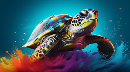 3D rendering of a turtle with a paint splash technique, set against a colorful background.