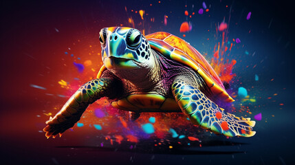Obraz premium 3D rendering of a turtle with a paint splash technique, set against a colorful background.