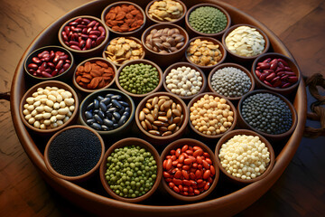 Variety of legumes in wooden bowls on a wooden background