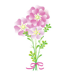 Vector illustration of bouquet with pink ribbon. Flowers and leaves card isolated on white background, pink flowers with green leaves and bow.