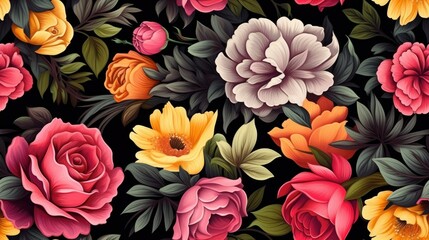 illustration of a seamless floral pattern where vibrant flowers contrast beautifully against a rich black background.