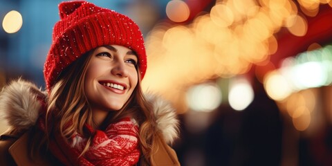 Girl in winter clothes. young woman in hat. Background of the street festive lights bokeh of Christmas and New Year. happy christmas