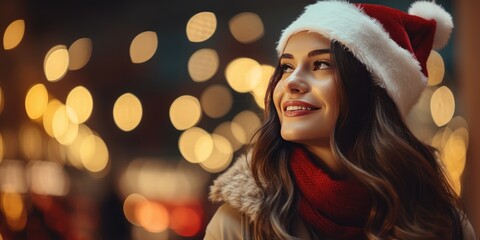 Girl in winter clothes. young woman in santa claus red hat. Background of the street festive lights bokeh of Christmas and New Year. happy christmas
