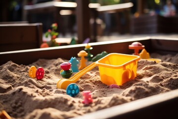 Toys on the sand in the sandbox. Selective focus.