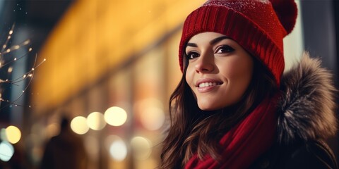Girl in winter clothes. young woman in hat. Background of the street festive lights bokeh of Christmas and New Year. happy christmas