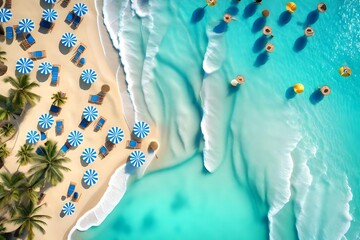 Top view summer beach vacation scene with blue background. 3d rendering  