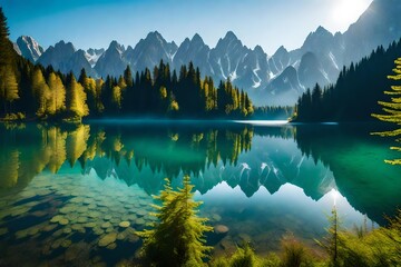 Impressive morning view of Fusine lake. Attractive summer scene of Julian Alps with Mangart peak on background, Province of Udine, Italy, Europe. Traveling concept background 