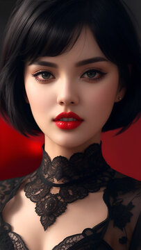 Beautiful Face Of The Young Woman Black Long Hairstyles With Red Lips, AI Generative