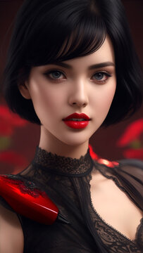 Beautiful Face Of The Young Woman Black Long Hairstyles With Red Lips, AI Generative