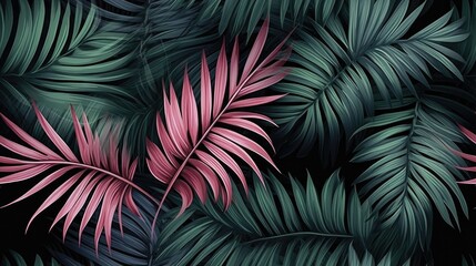 Seamless pattern tropical palm leaves with a textured colored aesthetic on a rich black background.
