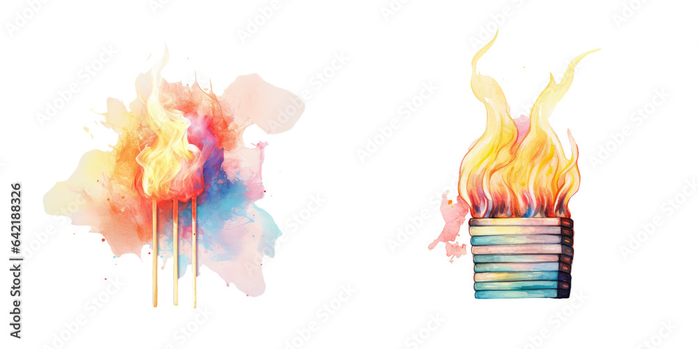 Wall mural watercolor matches burning on transparent background