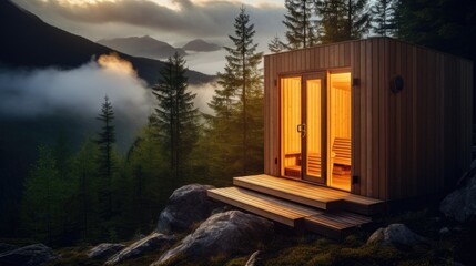 Charming Wooden Rustic Sauna Building Situated Amidst Majestic Mountains Offering a Unique Wellness Experience