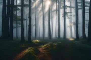 Trees in the fog. The smoke in the forest in the morning. A misty morning among the trees. 3D rendering 