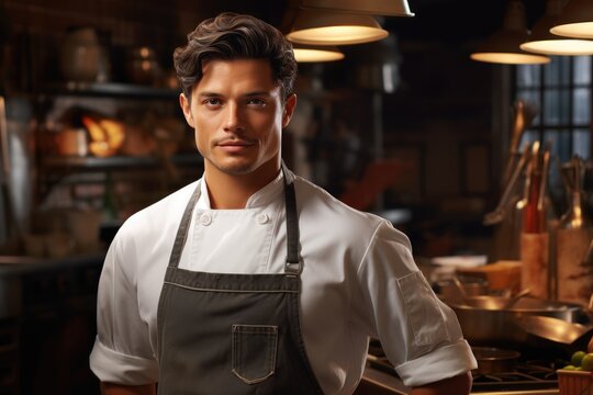Handsome smiling male chef standing in the kitchen. Generative AI