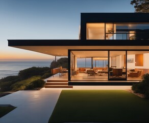 Fototapeta na wymiar Hyper realistic eye level exterior photo of a mid century modern style house overlooking the ocean