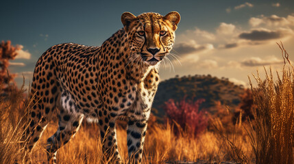  a dynamic 3D rendering of a cheetah stealthily stalking its prey on a savanna, in digital art style