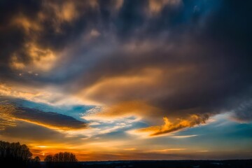 Fototapeta na wymiar Beautiful Vivid sky painted by the sun leaving bright golden shades.Dense clouds in twilight sky in winter evening.Image of cloud sky on evening time.Evening Vivid sky with clouds 