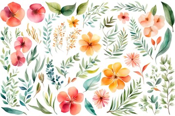 Vector watercolor collection with laurels, floral elements, wreaths. Hand drawn watercolor design elements isolated on white background 