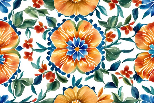 Hand painted watercolor flower like medallion ornamental allover seamless pattern in repeat on isolated white background 
