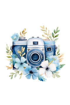 Watercolor illustration of a photo camera with beautiful blue flowers isolated on white background