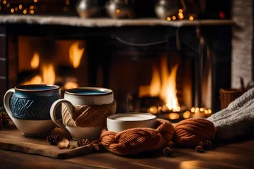 Schilderijen op glas Two mugs for tea or coffee, woolen things near cozy fireplace, in country house, winter vacation, horizontal  © Mustafa_Art